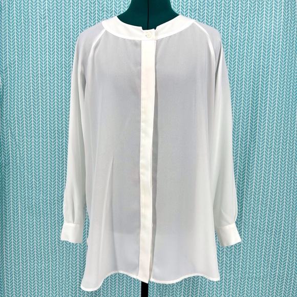 Cabi Tuxedo Blouse # 3421, White Semi-Sheer Long Sleeve with Black Tie, Small - Picture 3 of 16